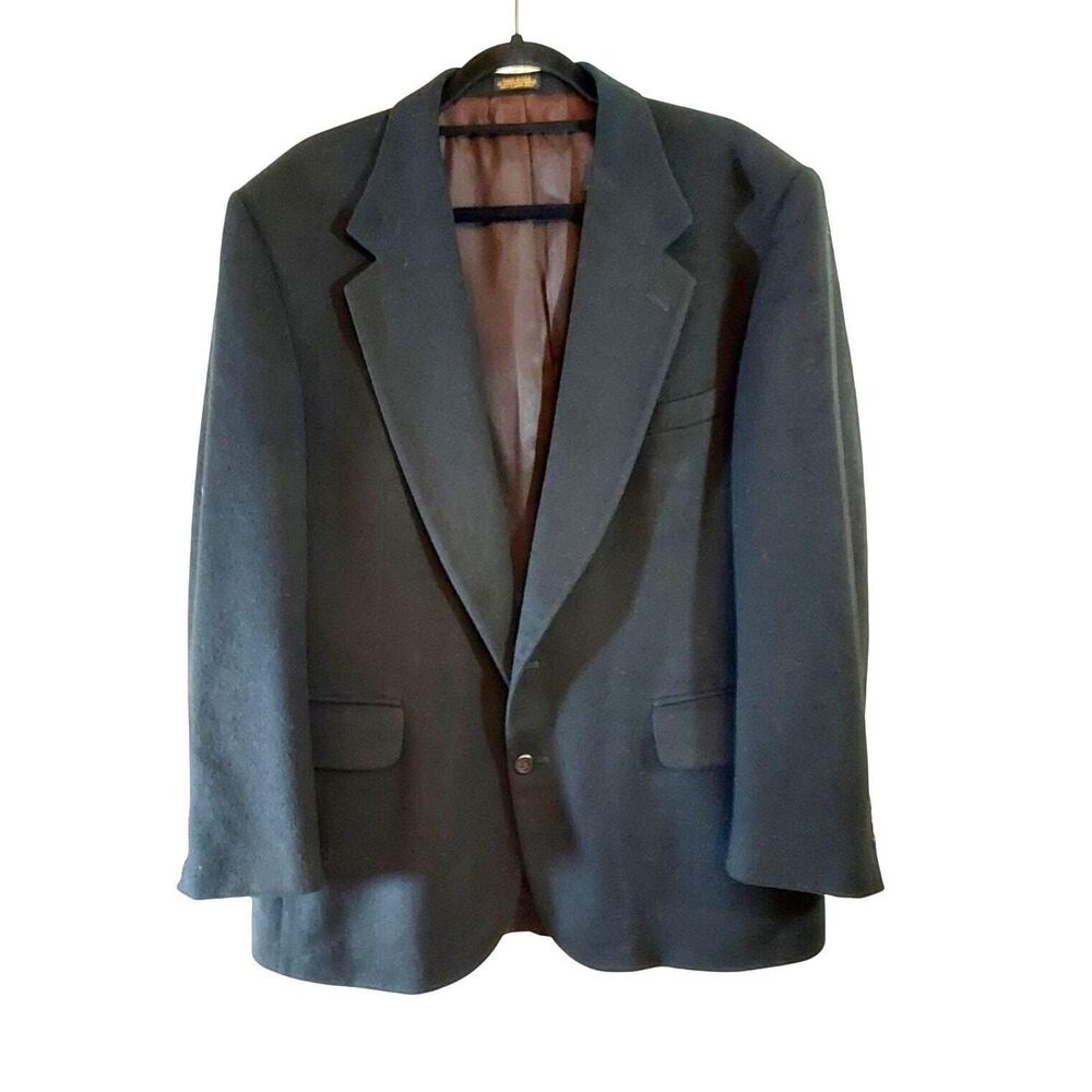Crop & Saddle Blazer Mens XL Black 100% Cashmere Two-Button Front Jacket Vintage